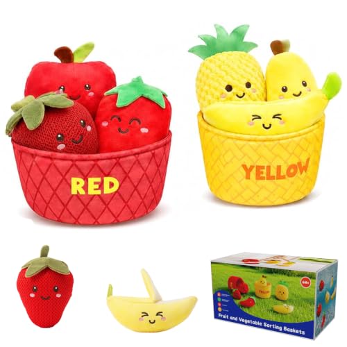 Velenyth Montessori Baby Sensory Toys 6-12 Months - 8PCS Soft Plush Fruits & Vegetables with Storage Basket, CPC Certified Learning Toy, Fine Motor Skills Gift for 1 Year Old Toddlers Boys Girls