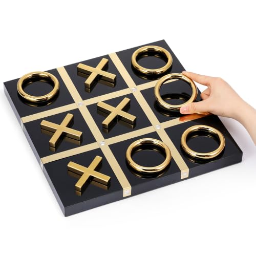VercanMonth 13.3 x 13.3 Inch Wood Tic Tac Toe Game Board Coffee Table Decor with Gold Color Stainless Steel X/O Black Gold Decorative Tic Tac Toe Games Set Table Top Decor Game Night Adults Travel