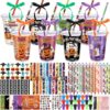Vesici 198 Pcs Halloween Party Favors Bulk Halloween Party Supplies Set with 16oz Cups, Pumpkin Cards, Pencils, Sticky Notes, Keychains, Ribbon for Students Classroom Exchange Gift