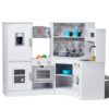 VEVOR Interactive Wooden Toy Play Kitchen Playset for Kids with Lights and Sounds, Corner Design with Ice Maker, Oven, Sink, Clock, Microwaves, Refrigerator and Accessories, for Girls & Boys, White