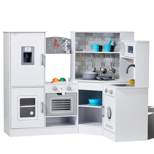 VEVOR Interactive Wooden Toy Play Kitchen Playset for Kids with Lights and Sounds, Corner Design with Ice Maker, Oven, Sink, Clock, Microwaves, Refrigerator and Accessories, for Girls & Boys, White