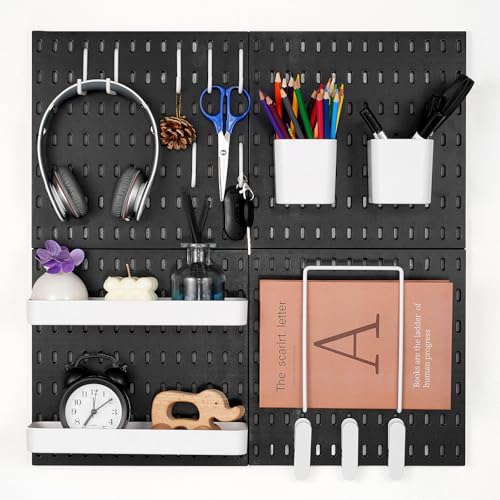 VEVOR Pegboard Combination Kit, 11" x 11" Plastic Pegboard, 4 Panels, Peg Board Wall Organizer Kit with Accessories, for Garage Tool Storage Kitchen Living Room Craft Room Office Bathroom Home, Black
