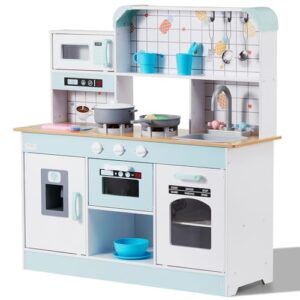 VEVOR Wooden Play Kitchen Toy, Play Kitchen for Kids with Lights and Sounds, Toddler Kitchen with Ice Maker, Oven, Sink, Microwaves, Fridge and Utensil and Fruit Accessory for Toddlers, White