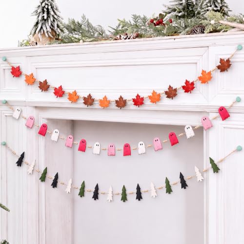 Vicenpal 3 Sets Thanksgiving Halloween Christmas Wooden Garland Set Engineered Wood Farmhouse Holiday Festive Hanging Decor for Christmas Mantel Fireplace Window Porch Party Office Classroom Indoor