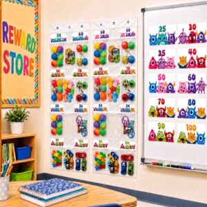 Vincreem 2 Set Classroom Store Decoration 30 Pocket Teacher Incentive Chart Treasure Wall Display Clear Hanging Storage with Monster Price Tags for Classrooms Prize Behavior Incentive Reward