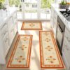Vintage Boho Floral Washable Faux Wool Kitchen Rug Set of 3，Warm Orange