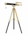 Vintage Brass Floor Standing Telescope with Black Leather Body & Black Wooden Tripod Nautical Double Barrel Harbor Master Spyglass Royal Decorative Telescope for Living Room, Office & Home Decor