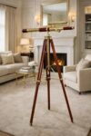 Vintage Brass Floor Standing Telescope with Brown Leather Body & Mahogany Wooden Tripod – Nautical Double Barrel Harbor Master Spyglass Royal Decorative Telescope for Living Room, Office & Home Decor