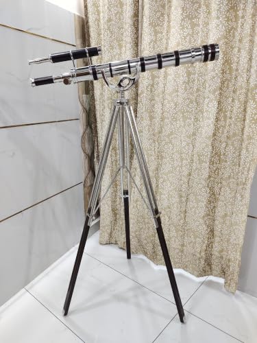 Vintage Brass Telescope Chrome Finish Nautical Floor Standing Wooden/Brass Adjustable Tripod Brown Leather Wrap Handicarft Double Barrel Collectibles 64'' Antique Spyglass Marine Design