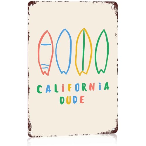 Vintage Metal Signs California Dude Surfboard Wall Decor 8x12 In