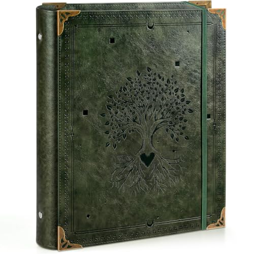 Vintage PU Leather Binder, 3 Ring Binder 1.5 inch Fits 325 Sheets 8.5"x11" Letter Size Paper Recipe Binder with Side Pocket, Aesthetic Cute 1.5" Three Ring Binder Notebook for Photo Album, Green