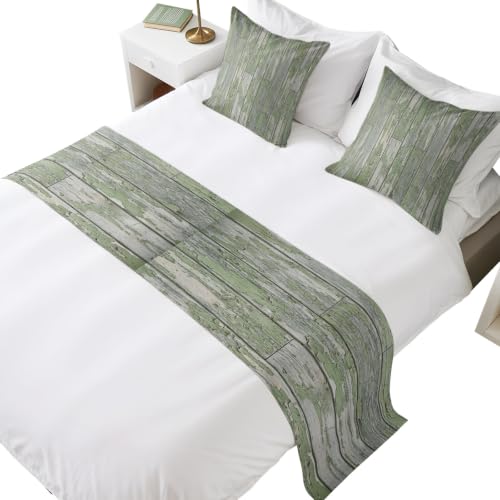 Vintage Wood Grain Beds Runner and 2 Matching Pillow Covers Green and Gray Distressed Board Texture Bed Runner Set, Throw Cushion Cover Bedding Scarves for Guesthouse, Hotel, Home Decor 102 x 20 inch