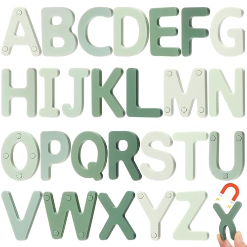 VioraWhite 26 Pcs Food Grade Silicone Magnetic Letters (Sealed Magnet, CPC Certified) Toddler Fridge Bulk ABC Educational Learning Toy for Baby Kid Girl Boy Gift(Greenery Color,Letter)