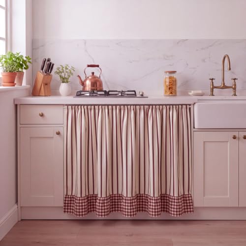 VitalCozy Cabinet Curtain 28" W x 51" L Sink Skirt for Bathroom Kitchen Red White Stripes Ruffles Short Curtain for Home Classroom Farmhouse Rustic Drape Under Desk Privacy Drape for Laundry Room
