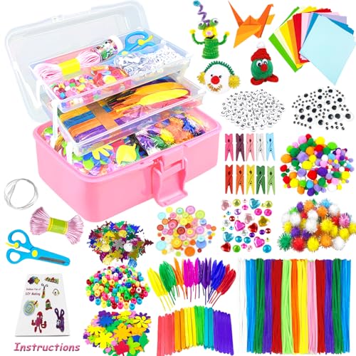VLUSSO Arts and Crafts Supplies for Kids DIY Craft Kits Art Supplies Materials Kids Crafts Set with Pipe Cleaners Craft Box Preschool Homeschool Toys Gift for Boys and Girls Age 4 5 6 7 8