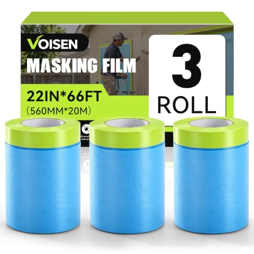 VOISEN 3 Roll Pre-Taped Masking Film for Painting (22" x 66' Painters Plastic Sheeting with Widened Automotive Masking Tape, Plastic Tarp for Painting, Film for Car, Wall Protection.