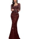VOUIAO Women Sequin Mermaid Prom Dress Rhinestone Evening Gown Burgundy M
