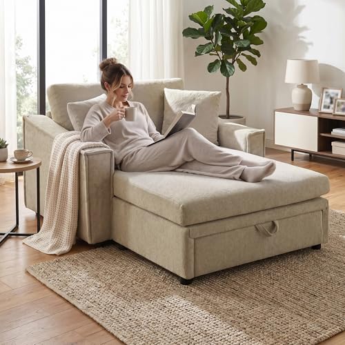 VUSVAB 65" Soft Velvet Modern Folding Sleeper Recliner, Modern Multifunctional Foldable Sofa Chair Bed with Hidden Storage, Sleeper Sofa with Curved armrests for Living Room Indoor Area, Brown