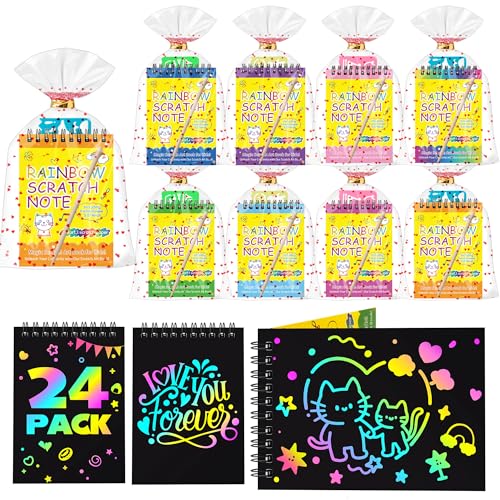VVSBPL 24 Pack Scratch Art Party Favors for Kids 4-8 Years Old Birthday Gifts for Kids Goodie Bags Stuffers Rainbow Scratch Notebook Bulk Classroom Prizes School Supplies Arts Crafts for Girls Boys