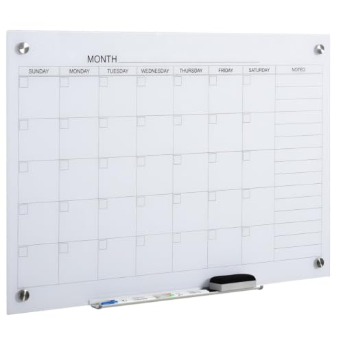 Wall‑Mounted Glass Monthly Calendar Whiteboard, Erasable Planner Board with Marker Tray, Dry‑Erase Markers, Eraser & Mounting Hardware for Home Office School Wall Organization