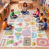 Wamlente Classroom Rug 6 x 9 Ft, Classroom Carpet Playmat Rug for Elementary Preschool Soft Non Slip Carpet for Playroom Library Living Room Bedroom Daycare Reading Corner Decor (Pastel Schoo)