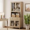 WAMPAT 72" Tall Bookcase with Glass Doors & Drawer, Large Farmhouse Display Book Shelf with Bar Cabinet, Library Wood Bookshelves for Living Room,Kitchen, Oak