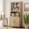 WAMPAT 72" Tall Bookcase with Glass Doors & Wood Cabinets, Large Farmhouse Display Book Shelf with Bar Cabinet, Library Wood Bookshelves for Living Room,Kitchen, Oak