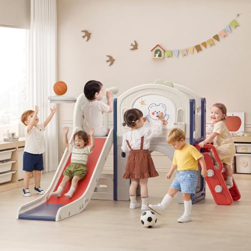 wanan 11 in 1 Toddler Slide Indoor, Kids Indoor Slide for Toddlers 1-3 Years Old, Toddler Indoor Playground with Drawing Board and Brush Set, Ring Toss, Basketball, Soccer Ball and Storage (Blue)