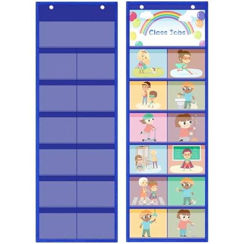 Watersay 2 Pack Pocket Chart for Classroom 29.5 x 10 in 12+1 Pockets Hanging Wall File Organizer for Cards, Pictures, Class Management Educational Behavior Chart, Teacher Office (Blue)