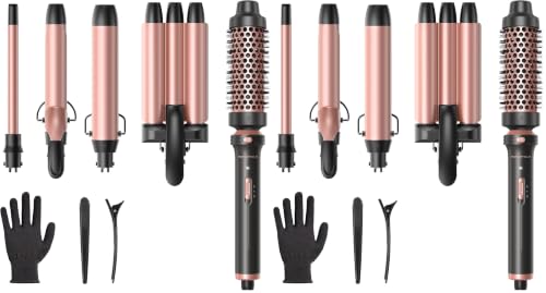 Wavytalk 5 in 1 Curling Wand Set, Dual Voltage Curling Iron Set with 5 Interchangeable Barrels Included A Thermal Brush, A Hair Crimper and 3 Ceramic Curling Wands(0.5"-1.25"), Rose Pink (Pack of 2)
