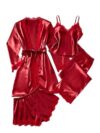 WDIRARA Women's 4 Piece Satin Pajama Set Lace Trim Camisole Shorts Pants Pjs with Robe Sleepwear Burgundy XX-Large