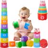 WEEJOYGAM Baby Stacking Cups, Nesting Stacking Toys for Toddlers 1-3 Montessori Toys for 1 Year Old Boy Girl Birthday Gift, Color Stack Block Bath Shower Water Learning Baby Toy 10 11 12 Month