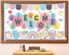 Welcome Back Bulletin Board Set with 3D Composition Notebook Classroom Decorations Pencil Crayon Rainbow Cutouts Paper Fans for Back to School Kindergarten Library Home Wall Window Decor Supplies