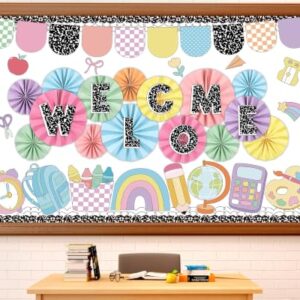 Welcome Back Bulletin Board Set with 3D Composition Notebook Classroom Decorations Pencil Crayon Rainbow Cutouts Paper Fans for Back to School Kindergarten Library Home Wall Window Decor Supplies