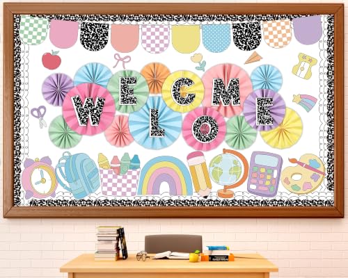 Welcome Back Bulletin Board Set with 3D Composition Notebook Classroom Decorations Pencil Crayon Rainbow Cutouts Paper Fans for Back to School Kindergarten Library Home Wall Window Decor Supplies