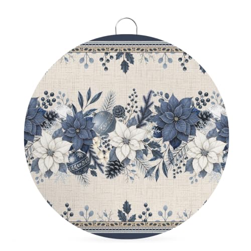 Welcome Sign for Front Door, Poinsettia Christmas 8 Inch Round Metal Sign for Home Decoration, Dark Blue Border Xmas Ball Berry Rustic Decorative Wall Signs for Holiday Party Supplies Decor