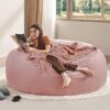 WELLBUY 6FT Bean Bag Chair, Memory Foam Filling, Adult and Teen Bean Bag Chair, Soft Sofa with Removable Flannel Cover, Round Sofa for Living Room, Bedroom, College Dorm (Pink)