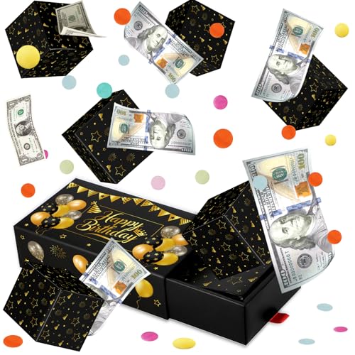 WenmthG Happy Birthday Surprise Gift Box Explosion for Money - DIY Pop Out Folding Bounce Explosion Gift Box with Confetti - Birthday Money Bank - Best Cash Gift Idea for Women Men (Black Gold)