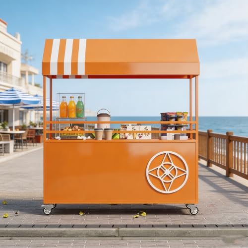 WENQIDAFA Vending Iron Cart with Striped Canopy, Mobile Food Display Stand with Lockable Wheels, Creative Iron Market Stall with Sunshade Canopy and Storage Box for Market Orange55.1 L x 74.8" H