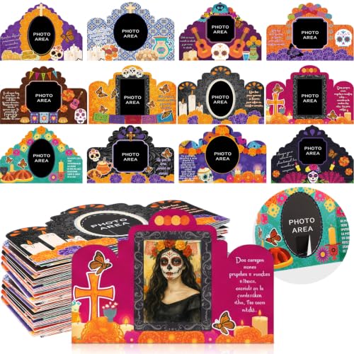 Wenqik 36 Pcs Day of the Dead Picture Frames Paper Photo Frames Dia De Los Muertos Altar Decorations Mexican Fiesta Tabletop Ofrenda Ornament for Halloween Remembrance Home Tabletop Decor 5.1" x 6.3"
