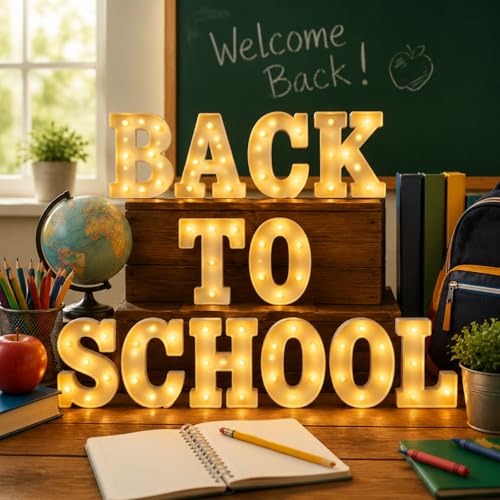 Wettal 12 Pcs Back to School Party Decorations Back to School Light Sign for Wall Shelf Table Classroom Bulletin Board Decor Marquee LED Light Letters for Nursery Room Preschool Kindergarten Decor