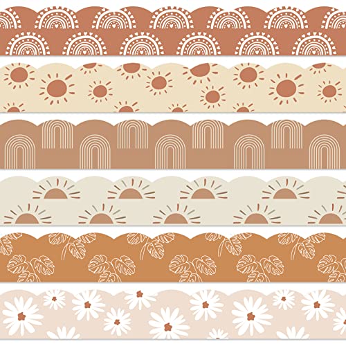 Whaline 82Ft Modern Boho Bulletin Board Borders 6 Designs 72 Pcs Self-Adhesive Retro Floral Daisy Sun Rainbow Trim Border Classroom Decorations for Back to School Office Party Wall Decor