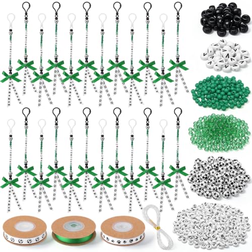 Whimsibelle 818 Pcs 24 Set DIY Soccer Keychain Making Kit Adjustable Soccer Bead Letter Beads Silk Ribbon and Strings for Football Party Favors Backpack Accessories Sport Theme Gift