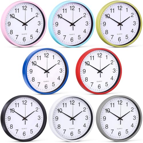 Whimsibelle 8 Pcs Silent Wall Clock Bulk 8 Inch Quartz Analog Clocks Non Ticking Round Easy to Read Classic Battery Operated Round Clocks Easy to Read for Classroom Office School Bedroom (Multicolor)