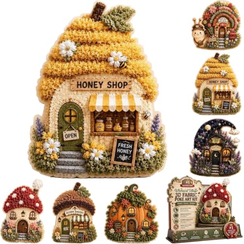 Whimsical Village 3D Fabric Poke Art Kit, Cottage Craft No Sew Press Technique Simple Illustrated Guide, Flowers Activity Gift for Adult Beginner Handmade Hobby Gift, Beehive Honey