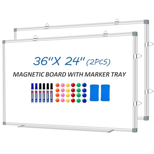 White Board Dry Erase Whiteboard for Wall 36" x 24" (2pcs) Aluminum Presentation Magnetic Whiteboards with Long Pen Tray, Hanging Whiteboard for Office, Meeting Room, Classroom, School & Home