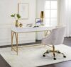 White High Gloss & Gold Finish Writing Desk,Multi-Function Home Office Workstation