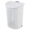 White Plastic Wheeled Laundry Basket, 2 Bushel Capacity With Retractable Handle & Flip Top Lid, Ventilated Oval Holes Rolling Clothes Hamper For Home Dorm Apartment
