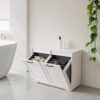 White Tilt Out Laundry Hamper Cabinet, Dual Compartment Removable Liners