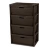 Wide 4 Drawer Tower, Plastic Storage Organizer with Removable Decorative Bins, Easy Assembly, No Tools Needed, Brown